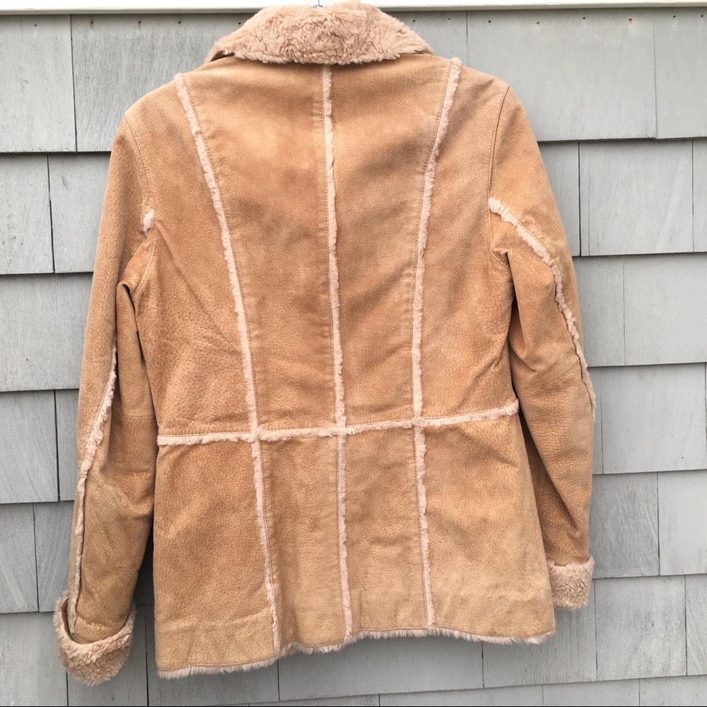 giacca Vintage Tan Penny Lane Daisy Leather Suede Coat With Faux Fur Trim Small - Picture 5 of 7
